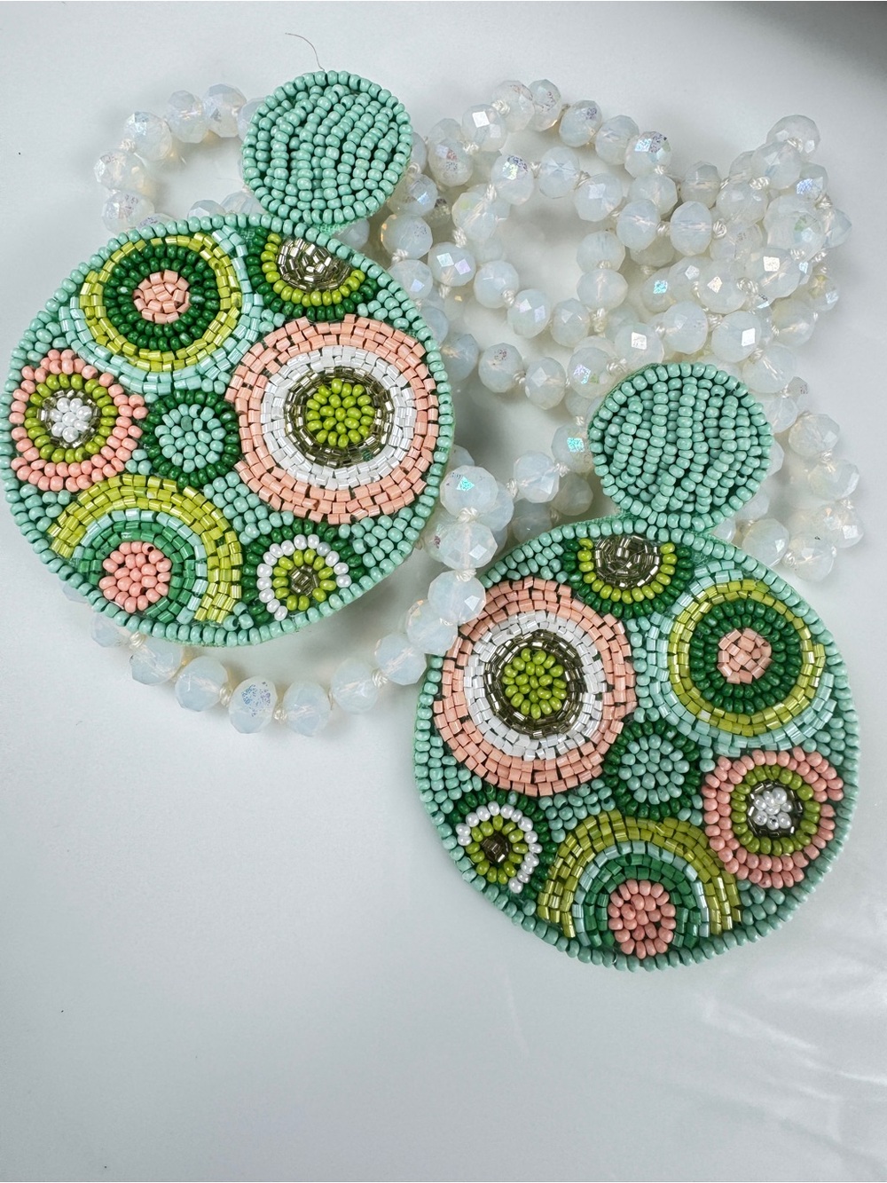 Boho Beaded Circle Statement Earrings in Mint, Peach & Lime